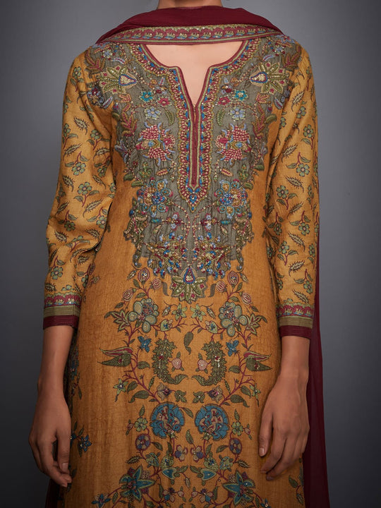 RI-Ritu-Kumar-Mustard-Yellow-And-Burgundy-Embroidered-Suit-Set-Closeup