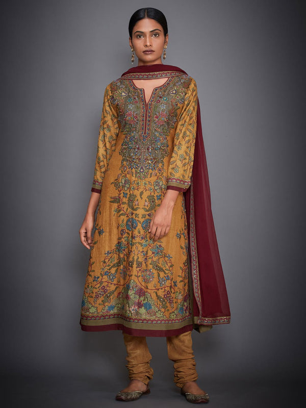 RI Ritu Kumar Mustard Yellow & Burgundy Embroidered Suit Set