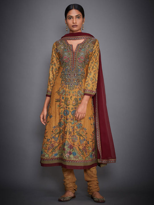 RI-Ritu-Kumar-Mustard-Yellow-And-Burgundy-Embroidered-Suit-Set-Complete-View