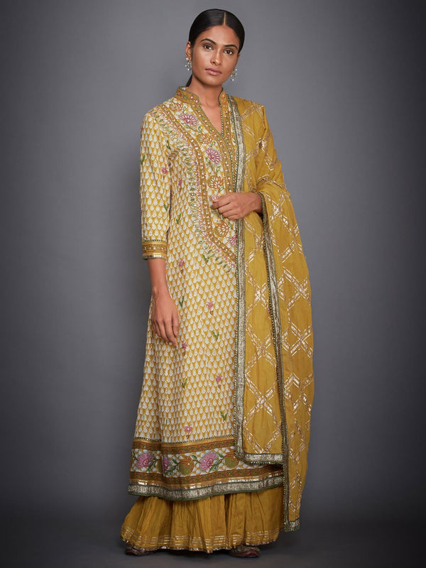 RI Ritu Kumar Mustard & Off White Floral Suit Set