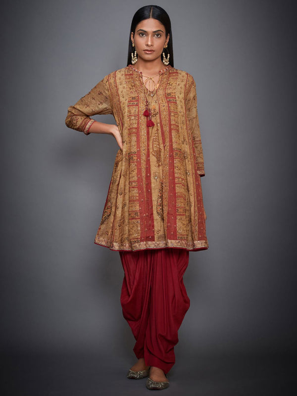 RI Ritu Kumar Ochre & Red Embroidered Ensemble