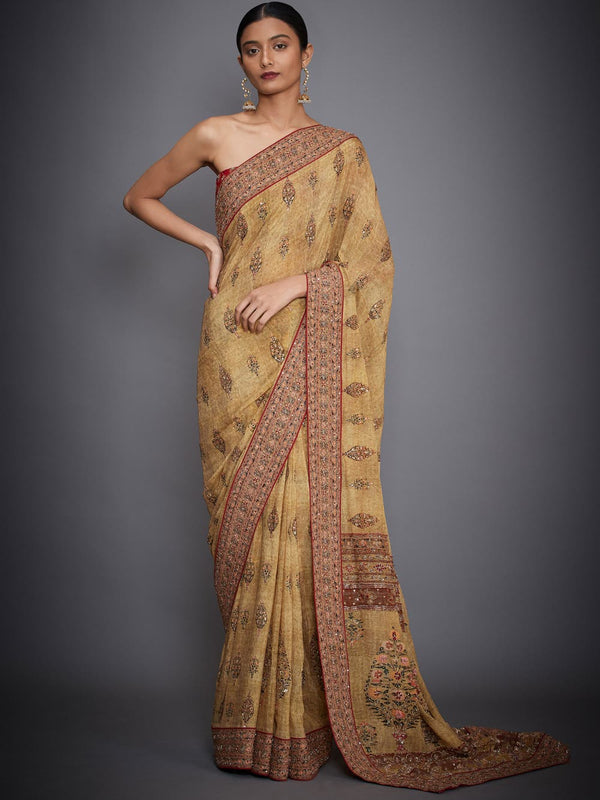 RI Ritu Kumar Ochre & Red Embroidered Saree With Unstitched Blouse