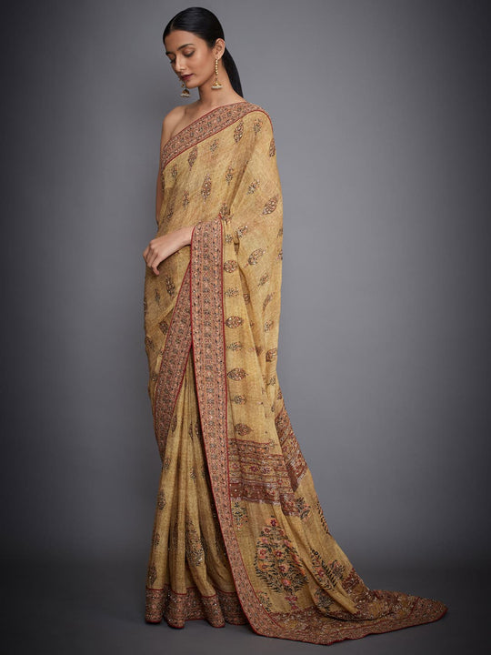 RI-Ritu-Kumar-Ochre-And-Red-Embroidered-Saree-With-Unstitched-Blouse-Side-View1