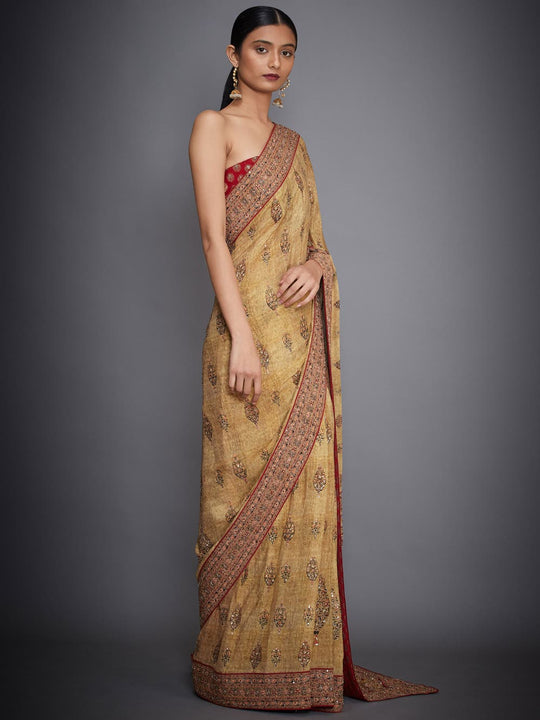 RI-Ritu-Kumar-Ochre-And-Red-Embroidered-Saree-With-Unstitched-Blouse-Side-View2