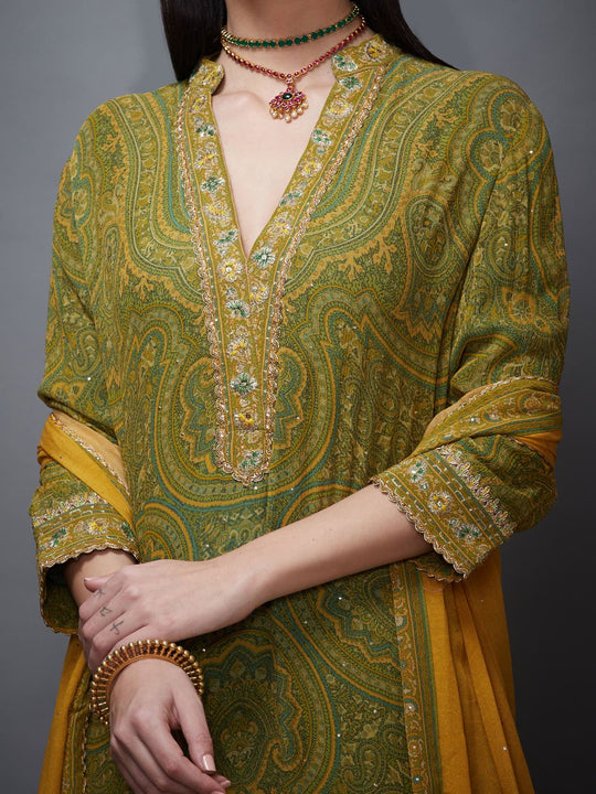 RI-Ritu-Kumar-Olive-Green-And-Mustard-Paisley-Suit-Set-Closeup