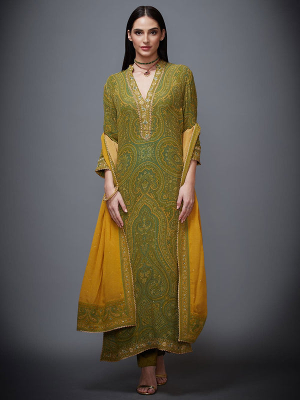 RI Ritu Kumar Olive Green & Mustard Paisley Suit Set