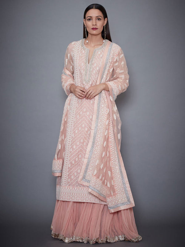 RI Ritu Kumar Pastel Pink Chikankari Kurti With Skirt & Dupatta