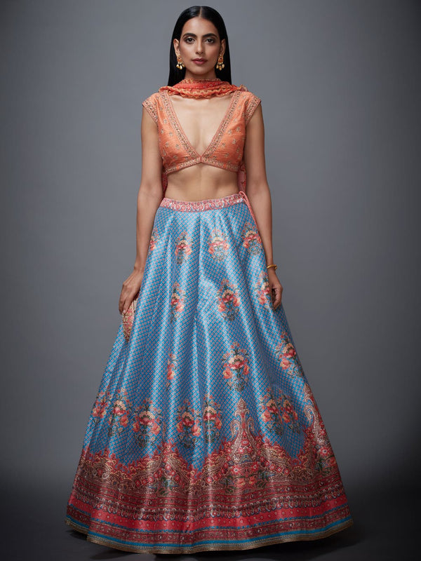 RI Ritu Kumar Peach & Turquoise Floral Lehenga Set