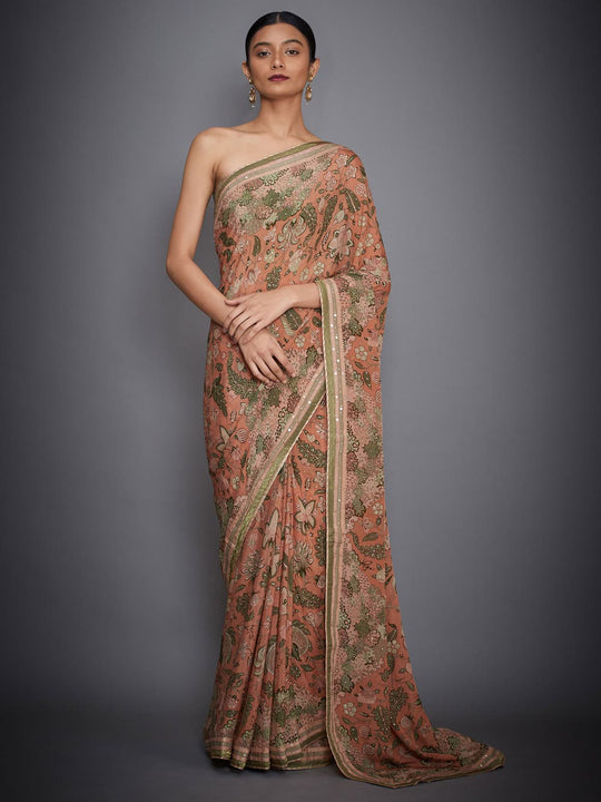 RI-Ritu-Kumar-Peach-Floral-Print-Saree-With-Unstitched-Blouse-Front-View