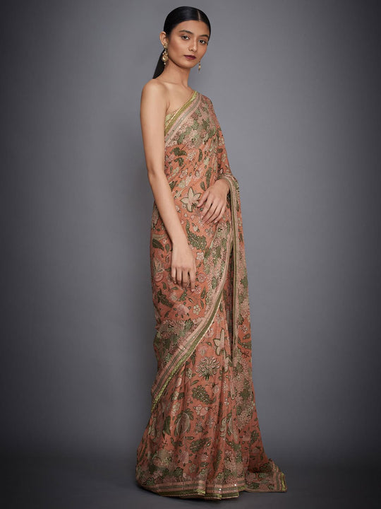 RI-Ritu-Kumar-Peach-Floral-Print-Saree-With-Unstitched-Blouse-Side-View2