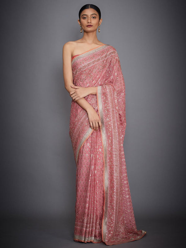 RI Ritu Kumar Pink & Gold Hand Embroidered Paisley Saree With Unstitched Blouse