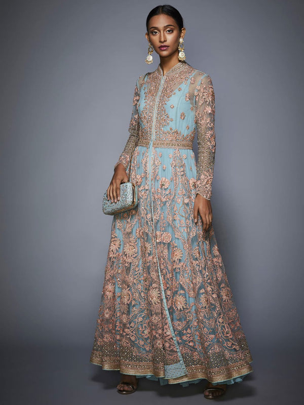 RI Ritu Kumar Powder Blue Dress with Embroidered Jacket