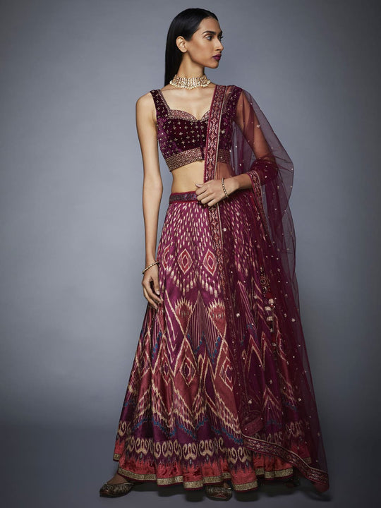 RI-Ritu-Kumar-Prune-And-Pink-Ikat-Lehenga-Set-Complete-View