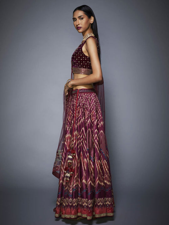 RI-Ritu-Kumar-Prune-And-Pink-Ikat-Lehenga-Set-Side-View1