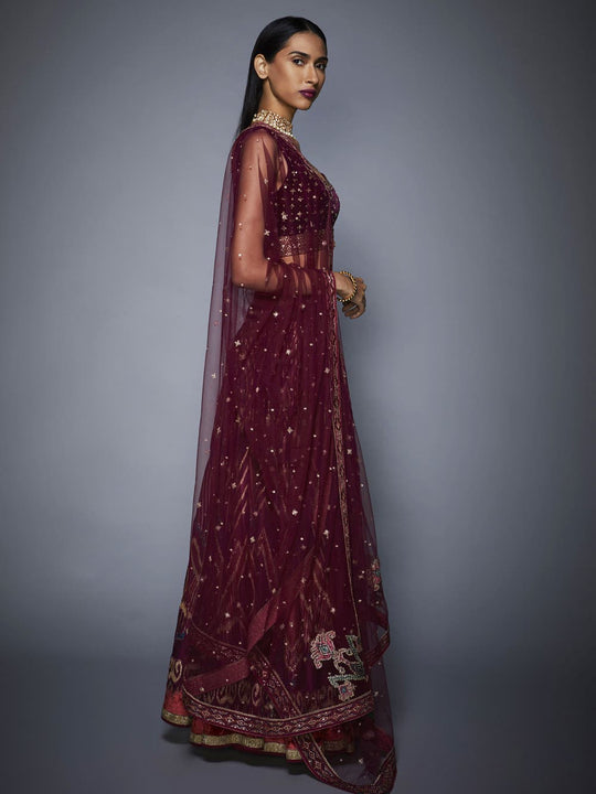 RI-Ritu-Kumar-Prune-And-Pink-Ikat-Lehenga-Set-Side-View2