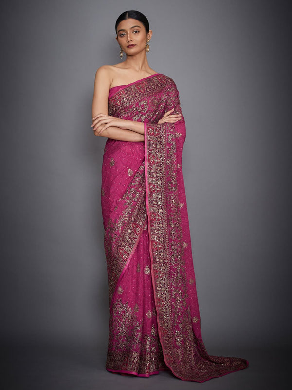 RI Ritu Kumar Prune & Pink Paisley Embroidered Saree with Unstitched Blouse