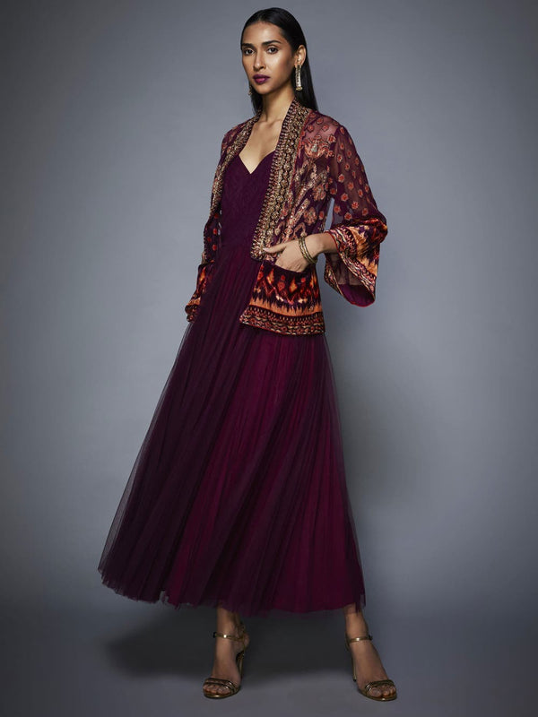 RI Ritu Kumar Prune Velvet Dress with Embroidered Jacket