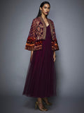 RI-Ritu-Kumar-Prune-Velvet-Dress-with-Embroidered-Jacket-Front-View