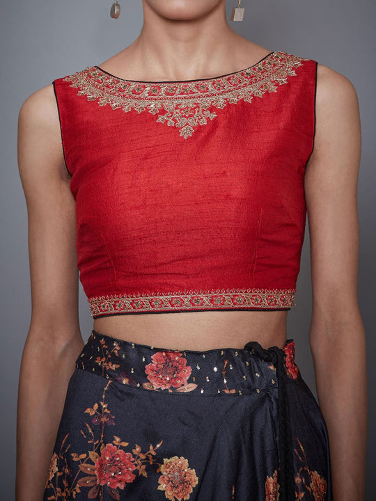 RI-Ritu-Kumar-Red-And-Black-Floral-Print-Lehenga-Set-CloseUp