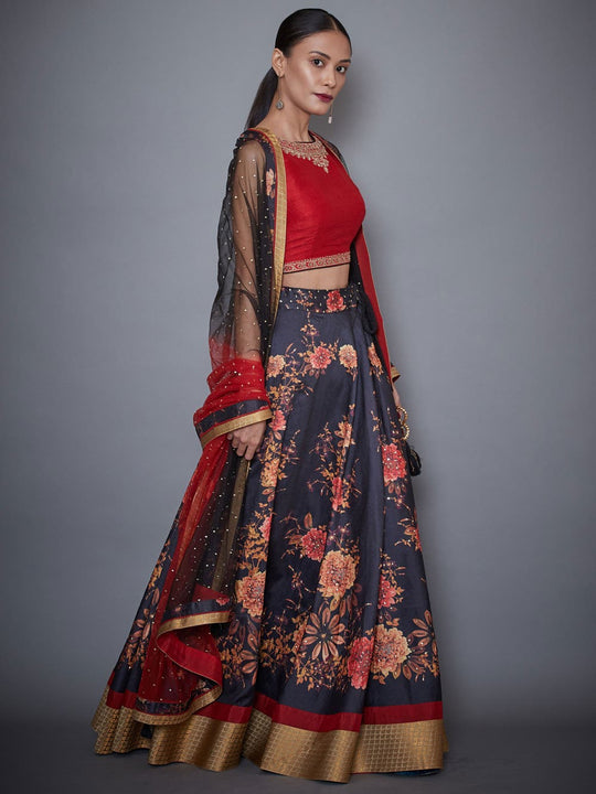 RI Ritu Kumar Red & Black Floral Print Lehenga Set – Saris and Things