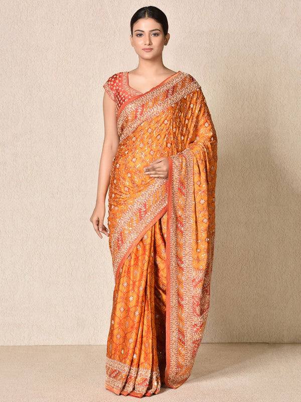 RI Ritu Kumar Red & Orange Geometric Embroidered Satin Saree with Unstitched Blouse