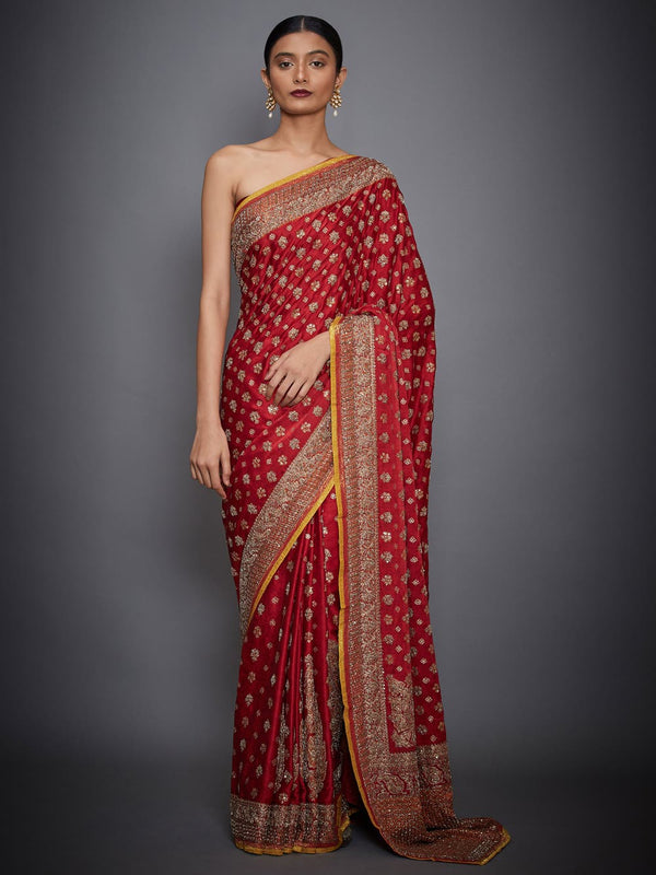 RI Ritu Kumar Red & Saffron Embroidered Saree With Unstitched Blouse