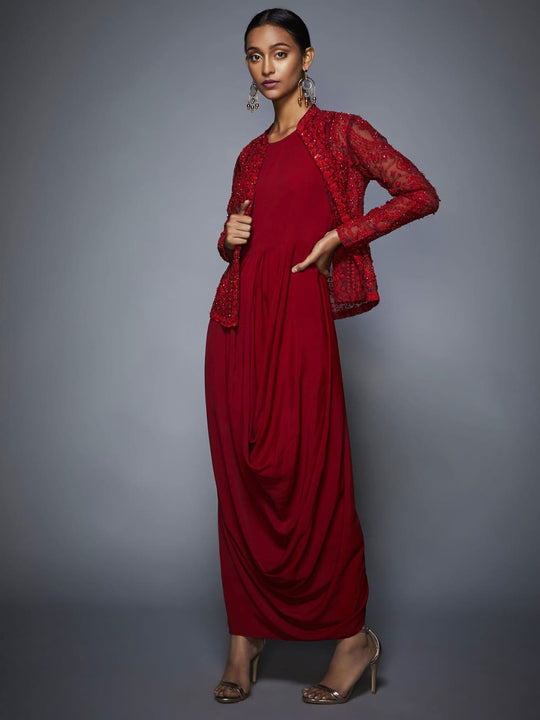 Red Lace Satin and Tulle Sleeved Jacket Formal Gown - Promfy