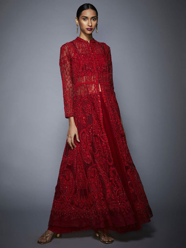 RI Ritu Kumar Red Embroidered Ensemble