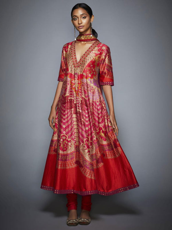 RI Ritu Kumar Red and Fuchsia Floral Printed Anarkali Suit