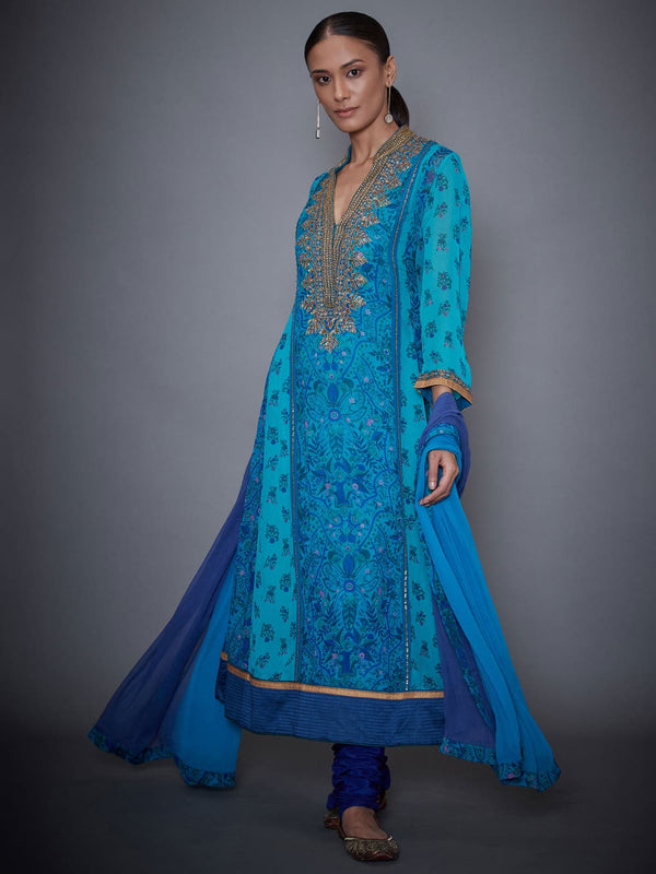 RI Ritu Kumar Royal Blue & Turquoise Embroidered Suit Set