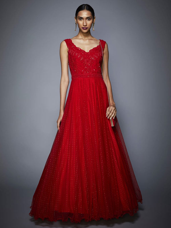 RI Ritu Kumar Ruby Red Embroidered Cocktail Gown
