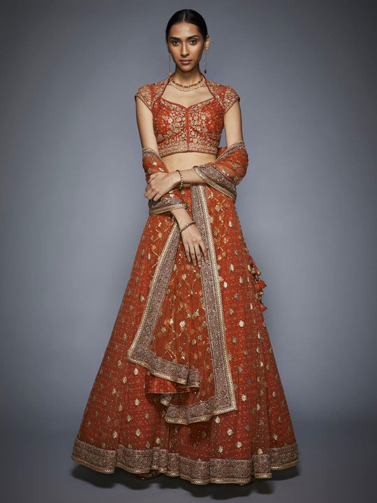 Rust Viscose Linen Embroidered Drape Saree Set Design by Ritu Kumar at  Pernia's Pop Up Shop 2024