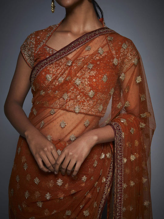 RI-Ritu-Kumar-Rust-And-Gold-Net-Saree-with-Unstitched-Blouse-Closeup