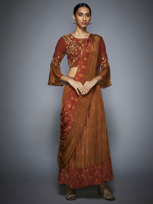 RI Ritu Kumar Rust & Olive Embroidered Draped Saree