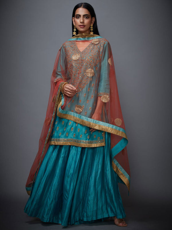 RI Ritu Kumar Turquoise & Gold Embroidered Suit Set