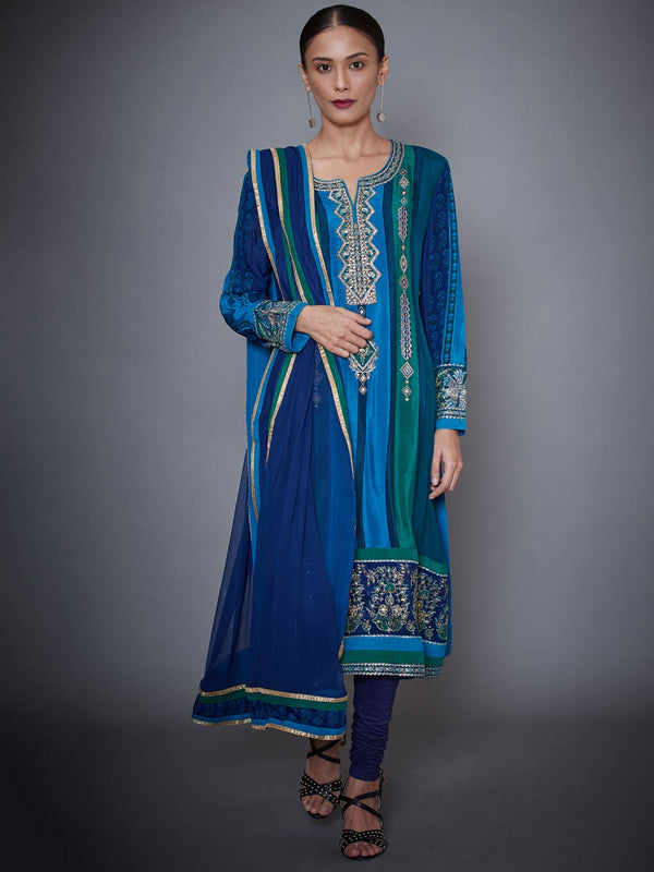 RI Ritu Kumar Turquoise & Royal Blue Embroidered Silk Chinon Suit Set