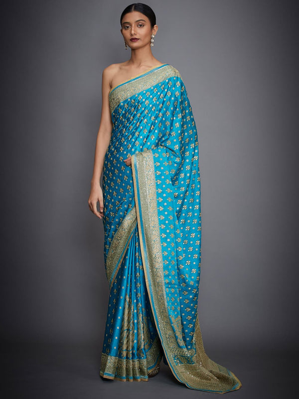 RI Ritu Kumar Turquoise Embroidered Saree With Unstitched Blouse