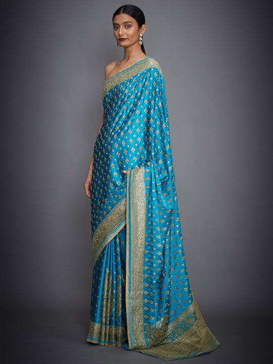 RI-Ritu-Kumar-Turquoise-Embroidered-Saree-With-Unstitched-Blouse-Side-View1