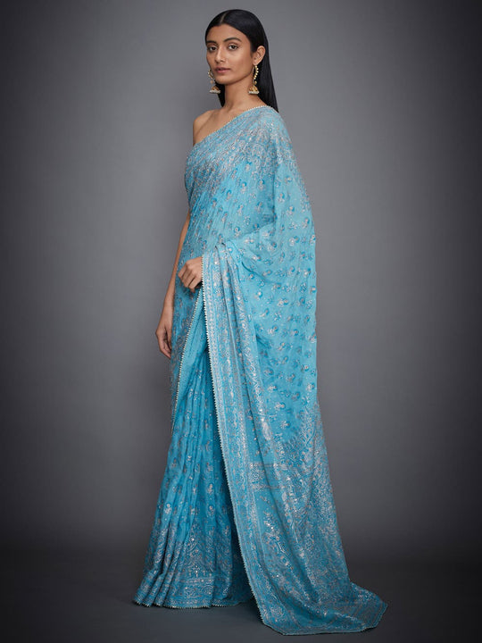 RI-Ritu-Kumar-Turquoise-Embroidered-Saree-With-Unstitched-Blouse-Side-View1