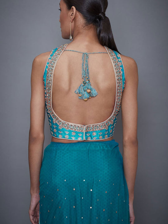 RI-Ritu-Kumar-Turquoise-Net-Saree-With-Embroidered-Stitched-Blouse-Back2