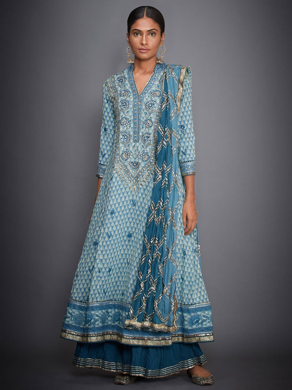 RI Ritu Kumar Turquoise & Off White Floral Suit Set