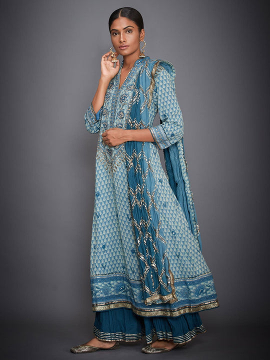 RI Ritu Kumar Turquoise & Off White Floral Suit Set – Saris and Things