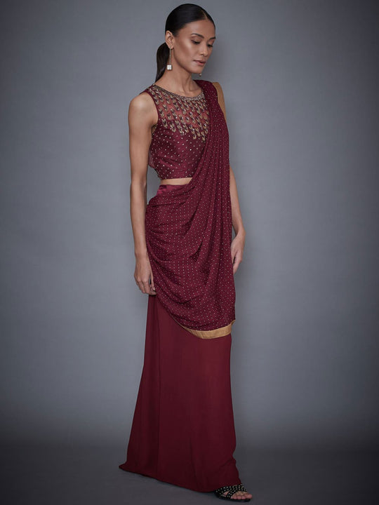 RI-Ritu-Kumar-Wine-Embroidered-Draped-Saree-With-Stitched-Blouse-Side-View2