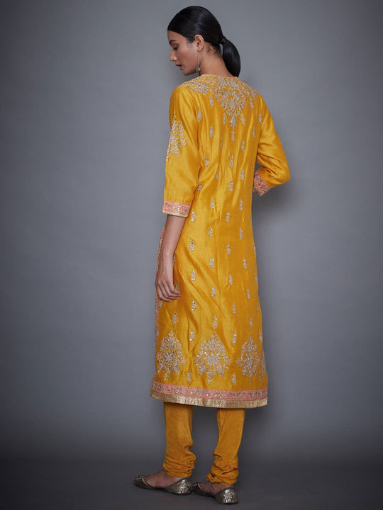 RI-Ritu-Kumar-Yellow-And-Coral-Embroidered-Kurti-With-Dupatta-And-Churidar-Back