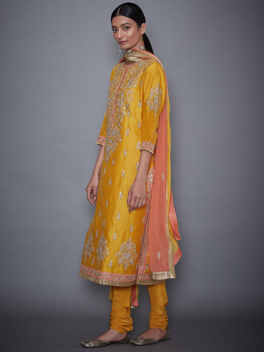 RI-Ritu-Kumar-Yellow-And-Coral-Embroidered-Kurti-With-Dupatta-And-Churidar-Side-View1