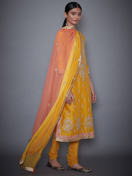 RI-Ritu-Kumar-Yellow-And-Coral-Embroidered-Kurti-With-Dupatta-And-Churidar-Side-View2
