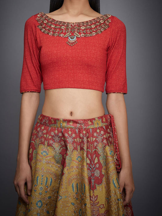 RI-Ritu-Kumar-Yellow-And-Red-Embroidered-Blouse-With-Skirt-And-Sash-Closeup