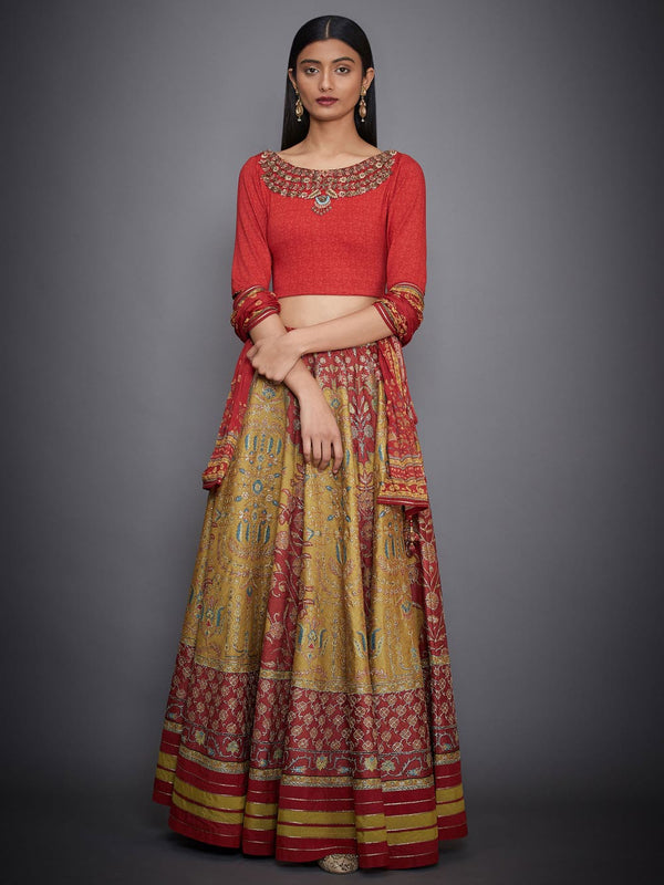 RI Ritu Kumar Yellow & Red Embroidered Blouse With Skirt & Sash
