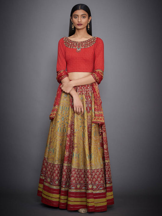 RI-Ritu-Kumar-Yellow-And-Red-Embroidered-Blouse-With-Skirt-And-Sash-Complete-View