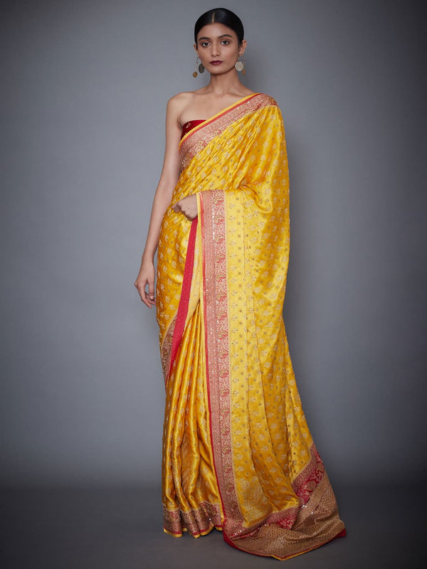 RI Ritu Kumar Yellow & Red Embroidered Saree With Unstitched Blouse